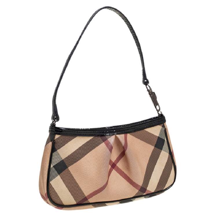 Pre Owned Burberry Beige/Black Nova Check PVC and Patent Leather Pochette Bag