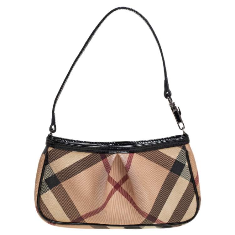 Pre Owned Burberry Beige/Black Nova Check PVC and Patent Leather Pochette Bag