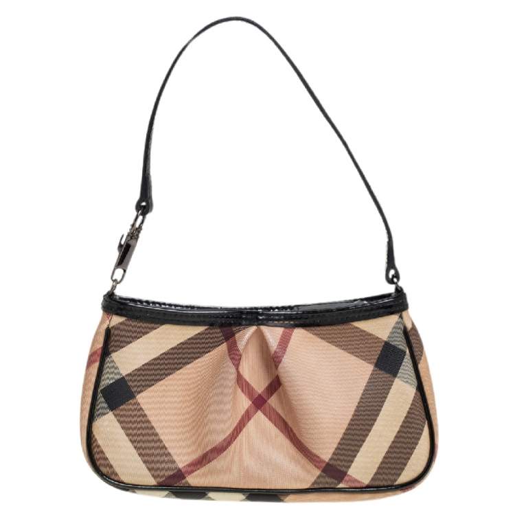 Pre Owned Burberry Beige/Black Nova Check PVC and Patent Leather Pochette Bag