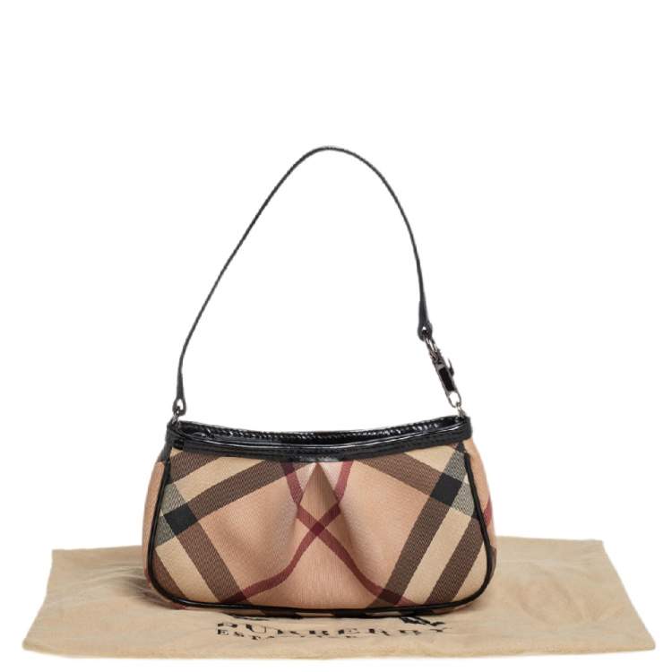 Pre Owned Burberry Beige/Black Nova Check PVC and Patent Leather Pochette Bag