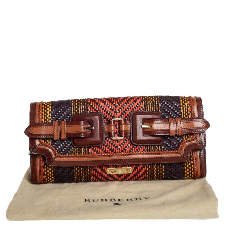 Pre Owned Burberry Multicolor Woven Leather Buckle Flap Clutch