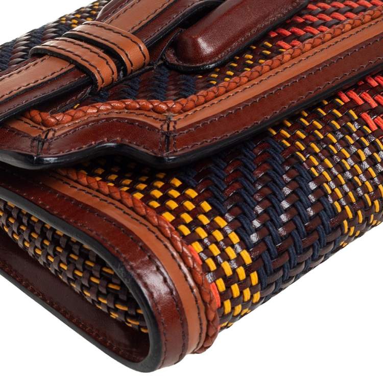 Pre Owned Burberry Multicolor Woven Leather Buckle Flap Clutch