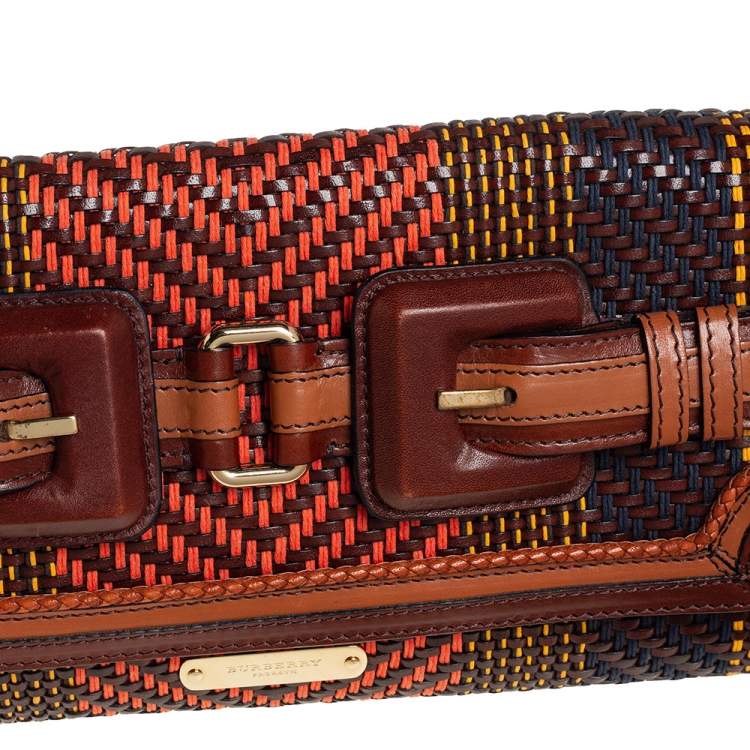 Pre Owned Burberry Multicolor Woven Leather Buckle Flap Clutch