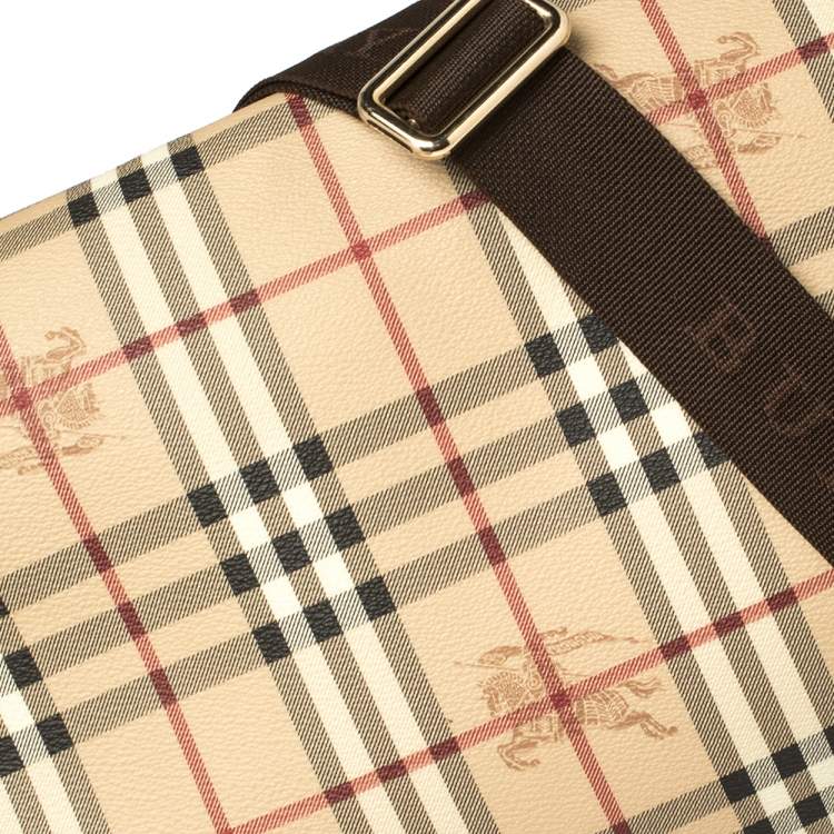Pre Owned Burberry Beige Haymarket Check PVC and Leather Diaper Messenger Bag