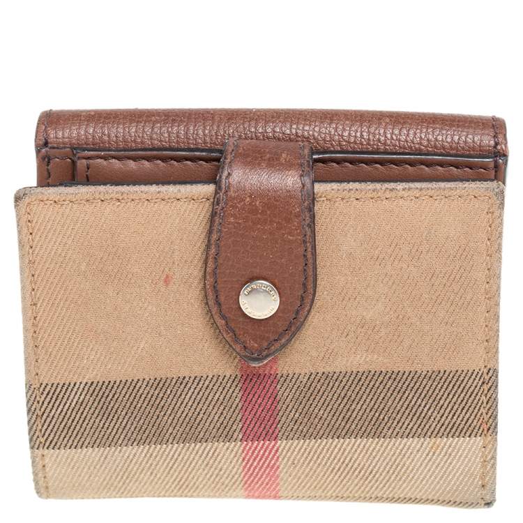 Pre Owned Burberry Brown House Check Fabric and Leather French Wallet