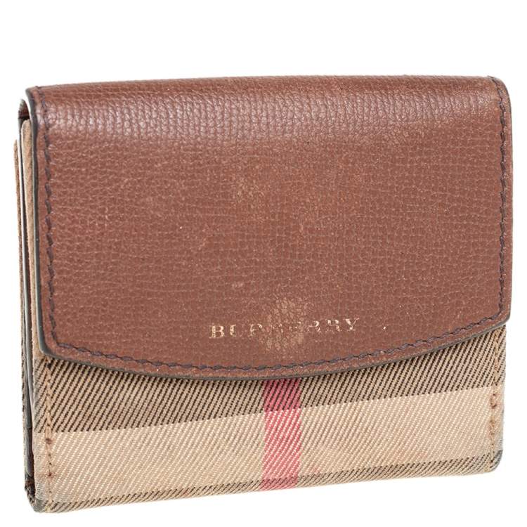 Pre Owned Burberry Brown House Check Fabric and Leather French Wallet