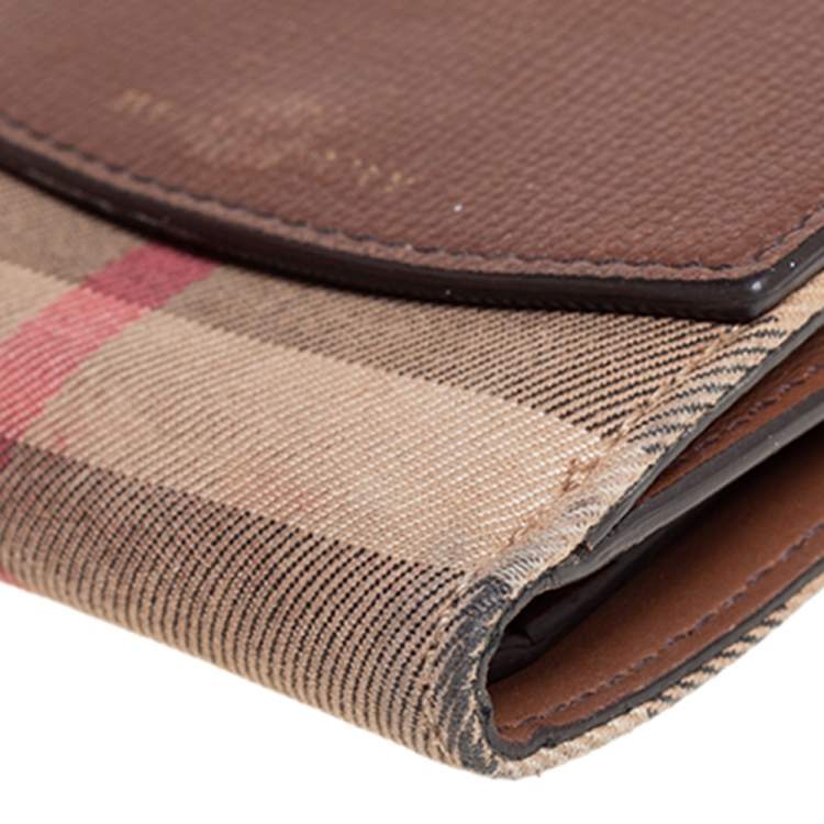 Pre Owned Burberry Brown House Check Fabric and Leather French Wallet