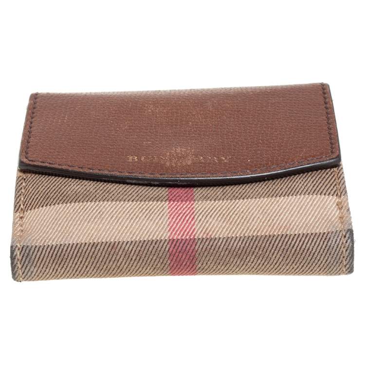 Pre Owned Burberry Brown House Check Fabric and Leather French Wallet
