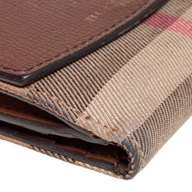 Pre Owned Burberry Brown House Check Fabric and Leather French Wallet