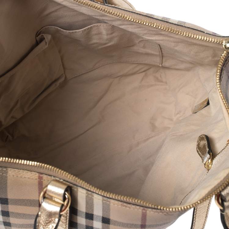 Pre Owned Burberry Beige/Gold Haymarket Check PVC and Leather Small Salisbury Tote