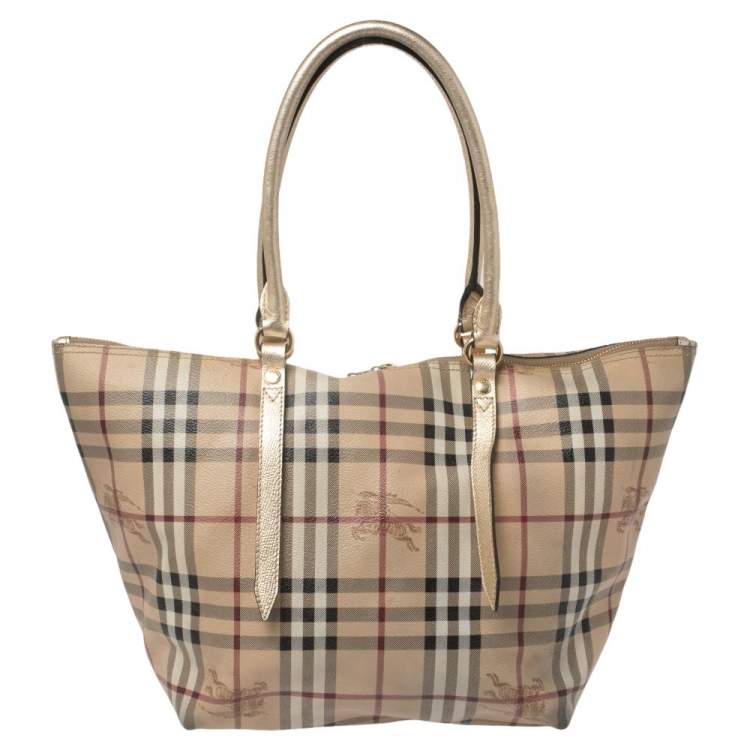 Pre Owned Burberry Beige/Gold Haymarket Check PVC and Leather Small Salisbury Tote