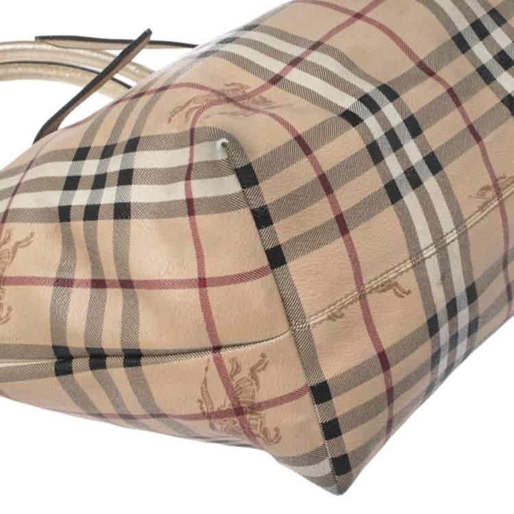 Pre Owned Burberry Beige/Gold Haymarket Check PVC and Leather Small Salisbury Tote
