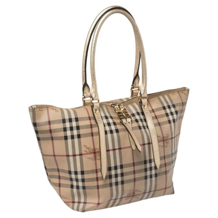 Pre Owned Burberry Beige/Gold Haymarket Check PVC and Leather Small Salisbury Tote