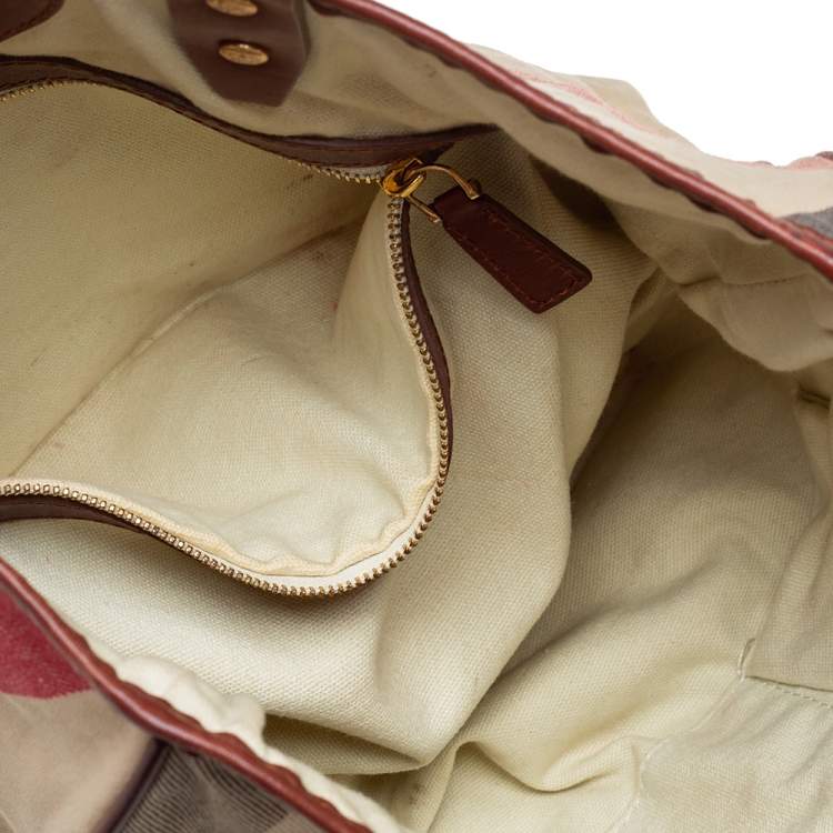 Pre Owned Burberry Beige House Check Canvas and Leather Trim Shopper Tote