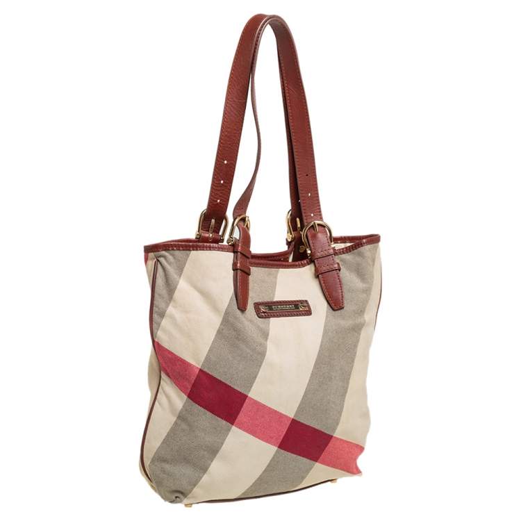 Pre Owned Burberry Beige House Check Canvas and Leather Trim Shopper Tote
