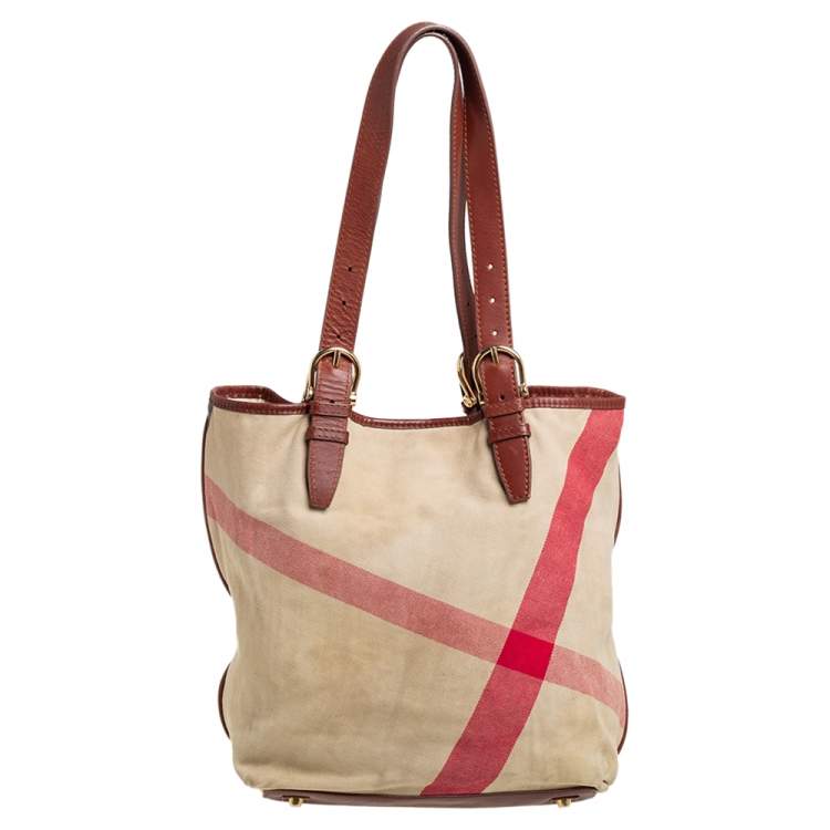 Pre Owned Burberry Beige House Check Canvas and Leather Trim Shopper Tote