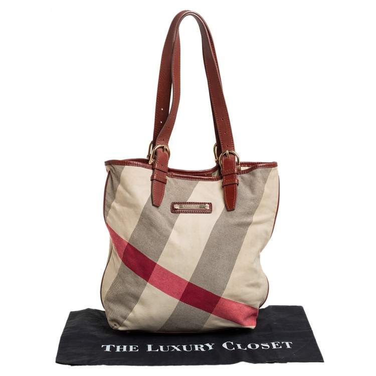 Pre Owned Burberry Beige House Check Canvas and Leather Trim Shopper Tote