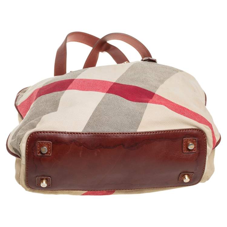 Pre Owned Burberry Beige House Check Canvas and Leather Trim Shopper Tote