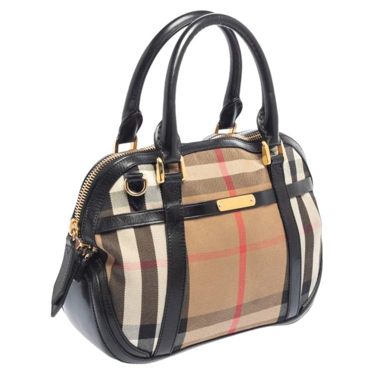 Pre Owned Burberry Black/Beige House Check Fabric and Leather Orchard Bowling Bag