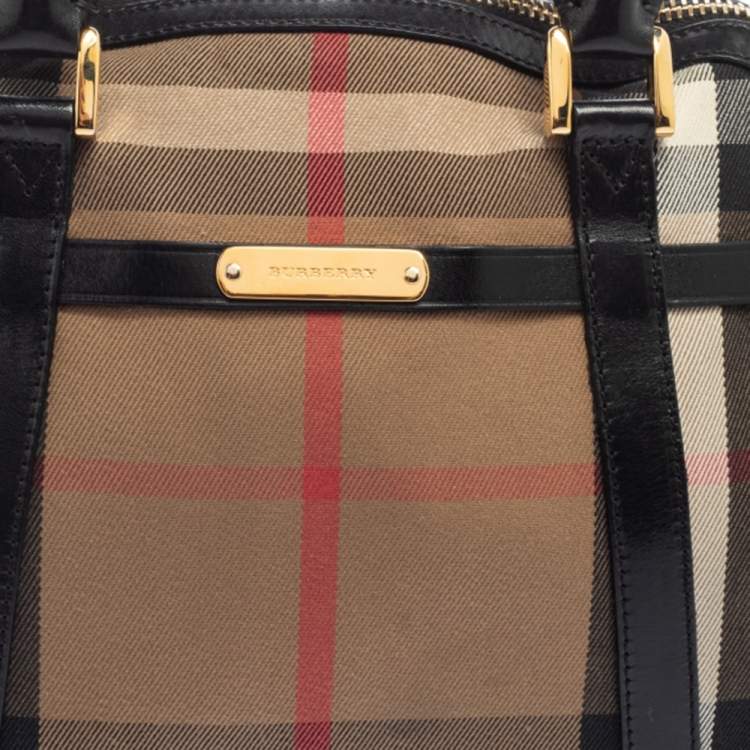 Pre Owned Burberry Black/Beige House Check Fabric and Leather Orchard Bowling Bag