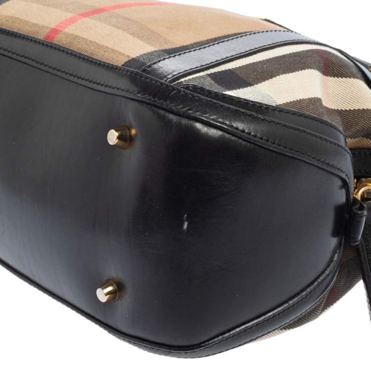 Pre Owned Burberry Black/Beige House Check Fabric and Leather Orchard Bowling Bag