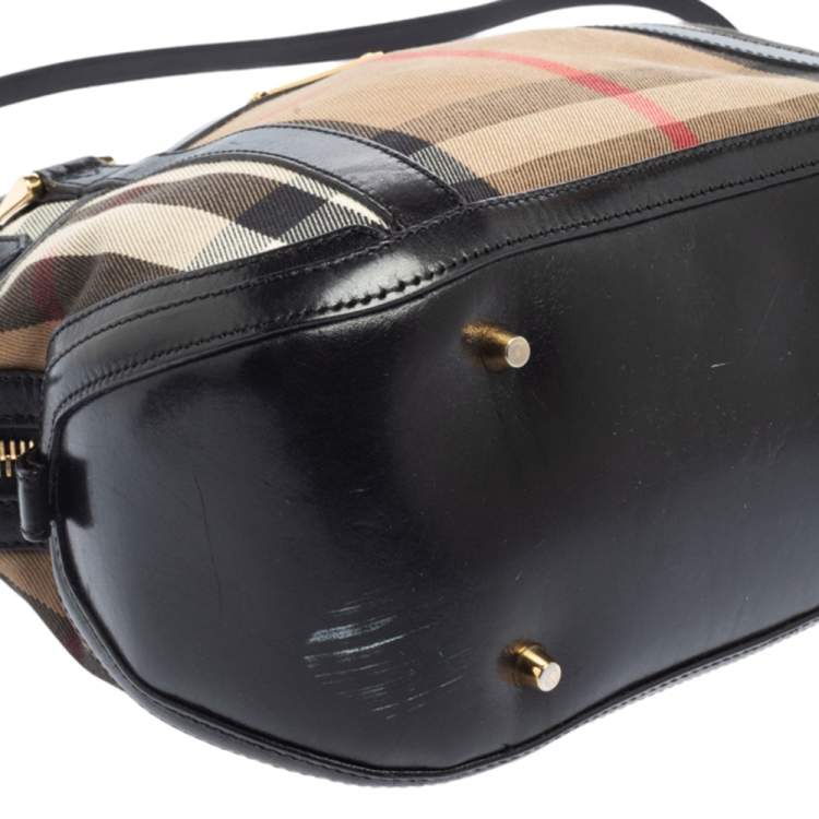 Pre Owned Burberry Black/Beige House Check Fabric and Leather Orchard Bowling Bag