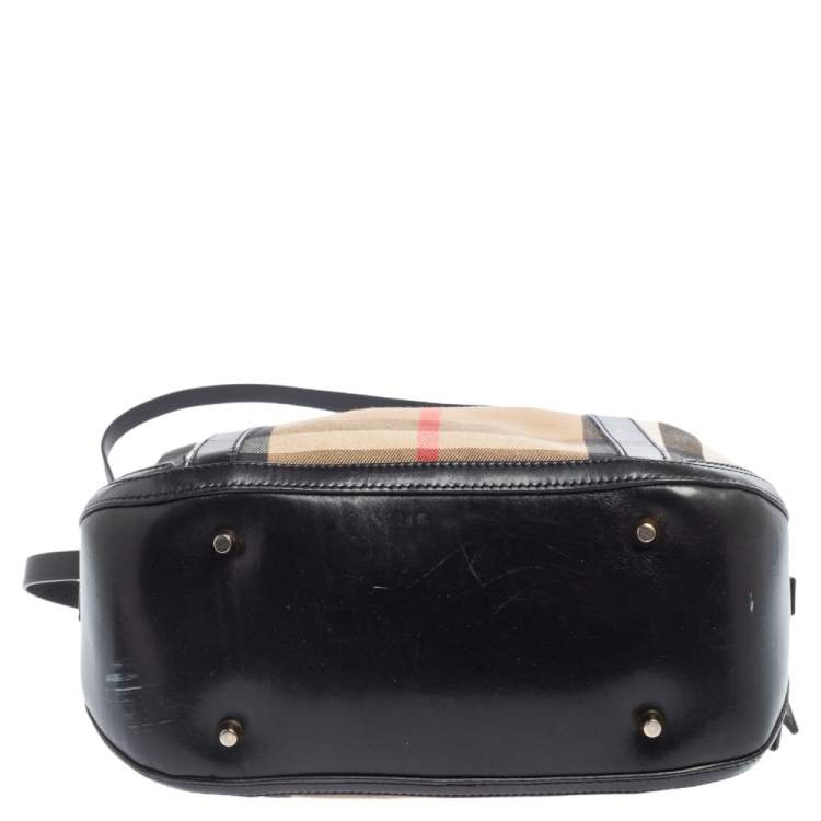 Pre Owned Burberry Black/Beige House Check Fabric and Leather Orchard Bowling Bag