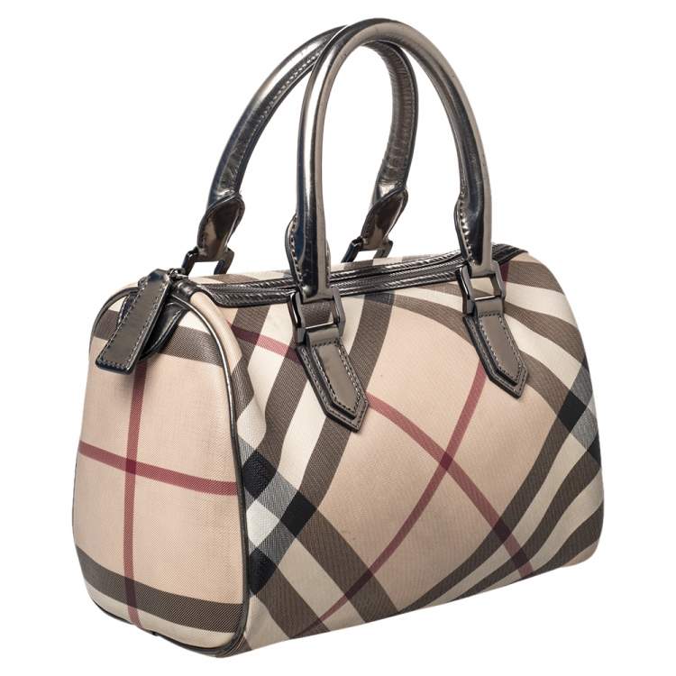 Pre Owned Burberry Beige Nova Check Coated Canvas And Patent Leather Chester Boston Bag
