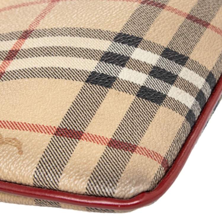 Pre Owned Burberry Beige Haymarket Check Coated Canvas Top Zip Wristlet Clutch