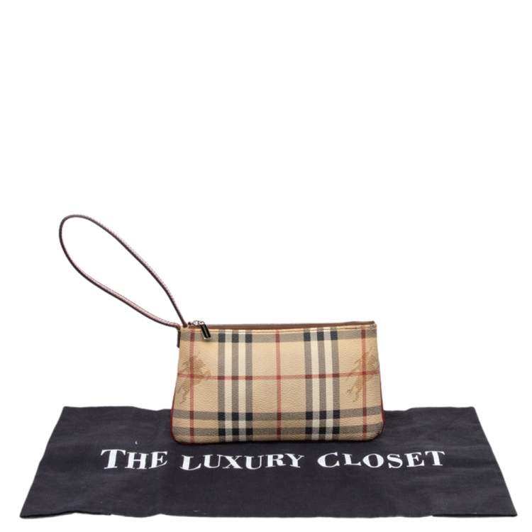 Pre Owned Burberry Beige Haymarket Check Coated Canvas Top Zip Wristlet Clutch
