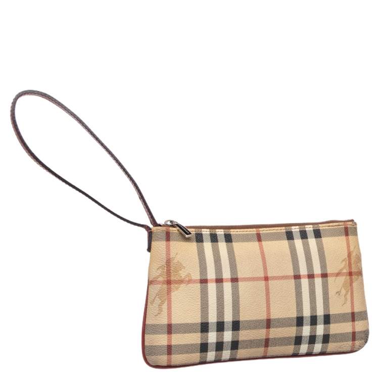Pre Owned Burberry Beige Haymarket Check Coated Canvas Top Zip Wristlet Clutch