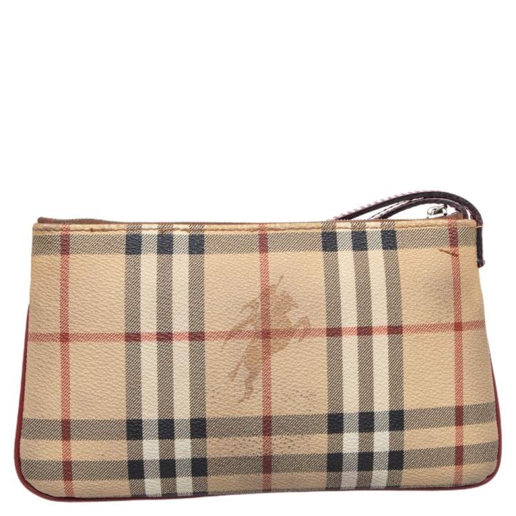 Pre Owned Burberry Beige Haymarket Check Coated Canvas Top Zip Wristlet Clutch