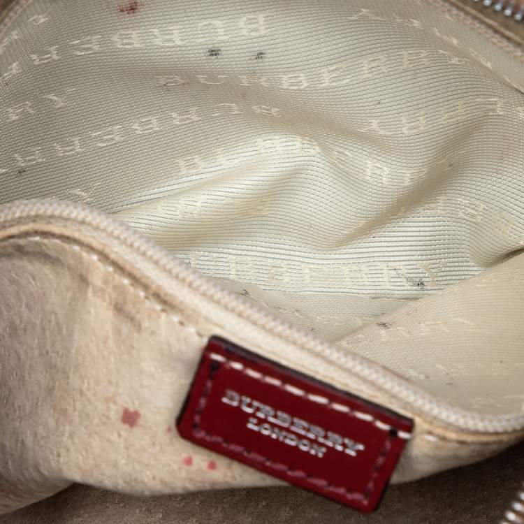 Pre Owned Burberry Beige Haymarket Check Coated Canvas Top Zip Wristlet Clutch