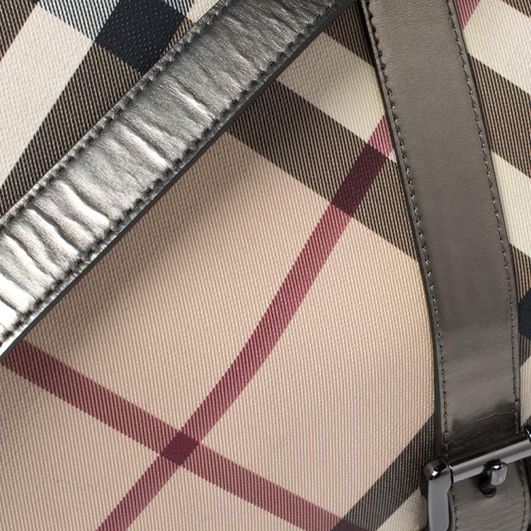 Pre Owned Burberry Metallic Bronze/Beige Nova Check PVC and Leather Messenger Flap Bag