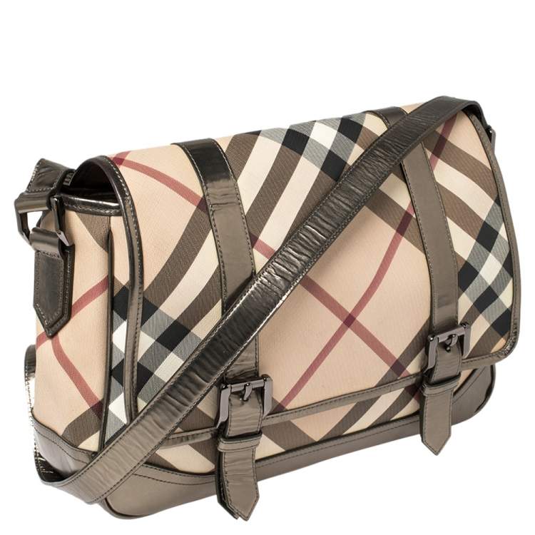 Pre Owned Burberry Metallic Bronze/Beige Nova Check PVC and Leather Messenger Flap Bag
