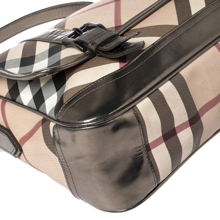 Pre Owned Burberry Metallic Bronze/Beige Nova Check PVC and Leather Messenger Flap Bag
