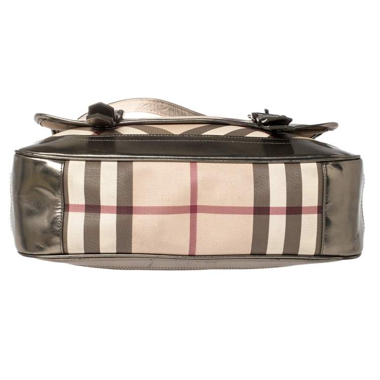 Pre Owned Burberry Metallic Bronze/Beige Nova Check PVC and Leather Messenger Flap Bag