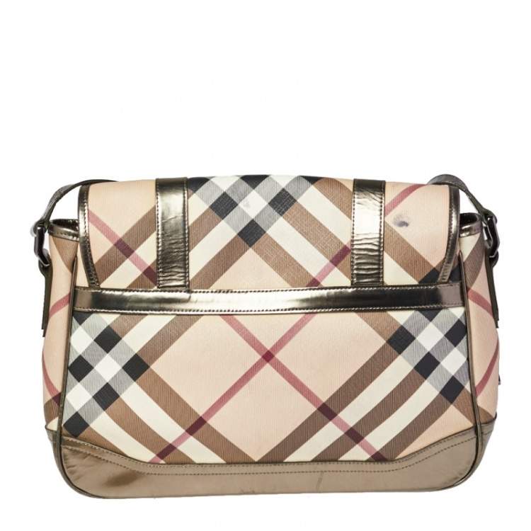 Pre Owned Burberry Metallic Bronze/Beige Nova Check PVC and Leather Messenger Flap Bag