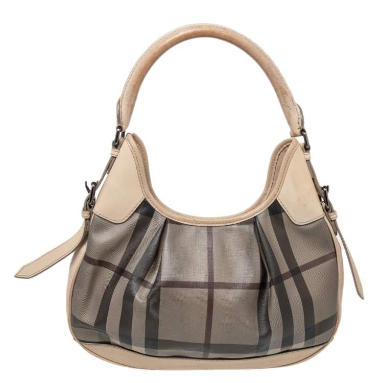 Pre Owned Burberry Beige Coated Canvas And Leather Small Brooklyn Hobo