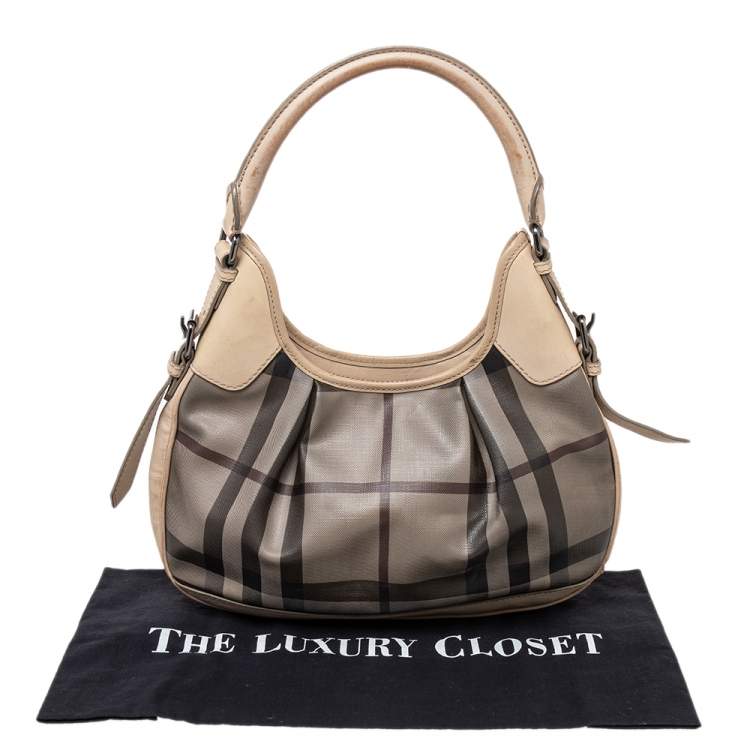 Pre Owned Burberry Beige Coated Canvas And Leather Small Brooklyn Hobo
