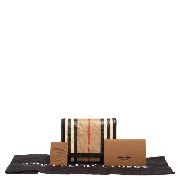 Pre Owned Burberry Beige/Black Icon Stripe Coated Canvas and Leather Small Trifold Wallet