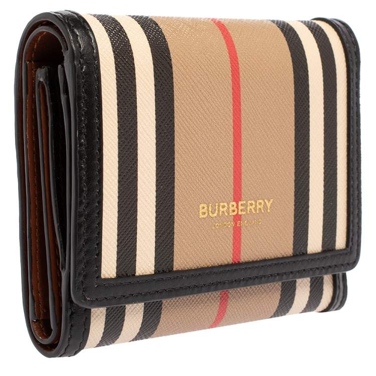 Pre Owned Burberry Beige/Black Icon Stripe Coated Canvas and Leather Small Trifold Wallet