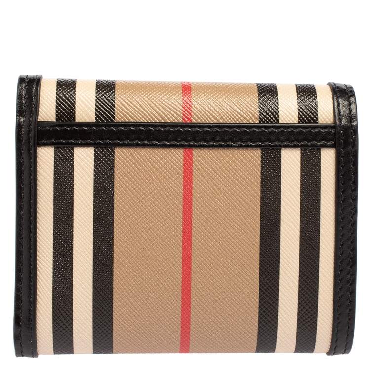Pre Owned Burberry Beige/Black Icon Stripe Coated Canvas and Leather Small Trifold Wallet
