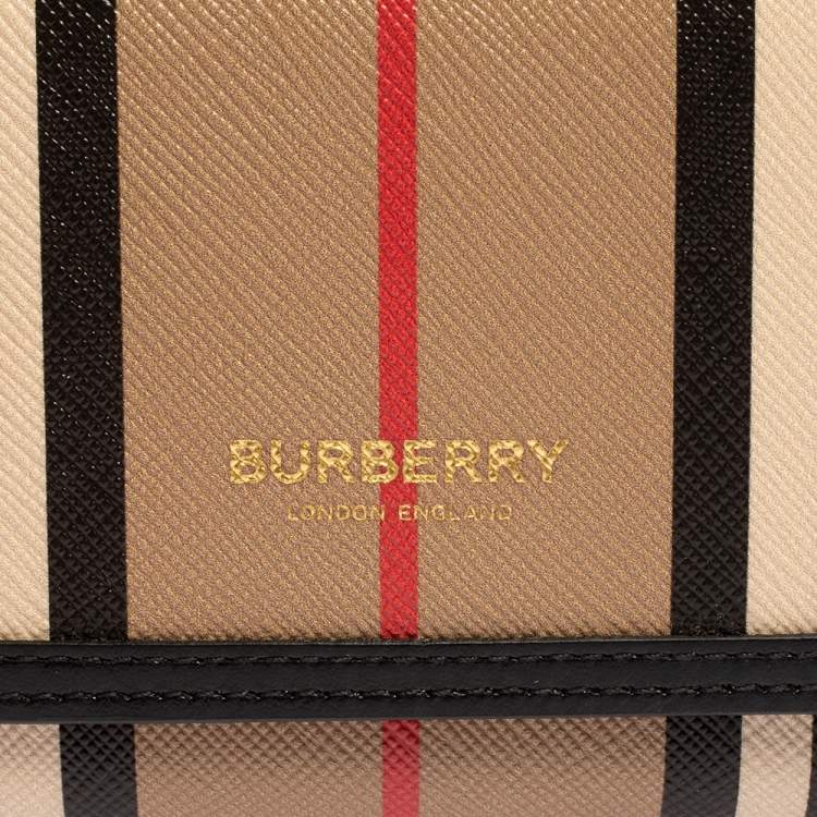Pre Owned Burberry Beige/Black Icon Stripe Coated Canvas and Leather Small Trifold Wallet