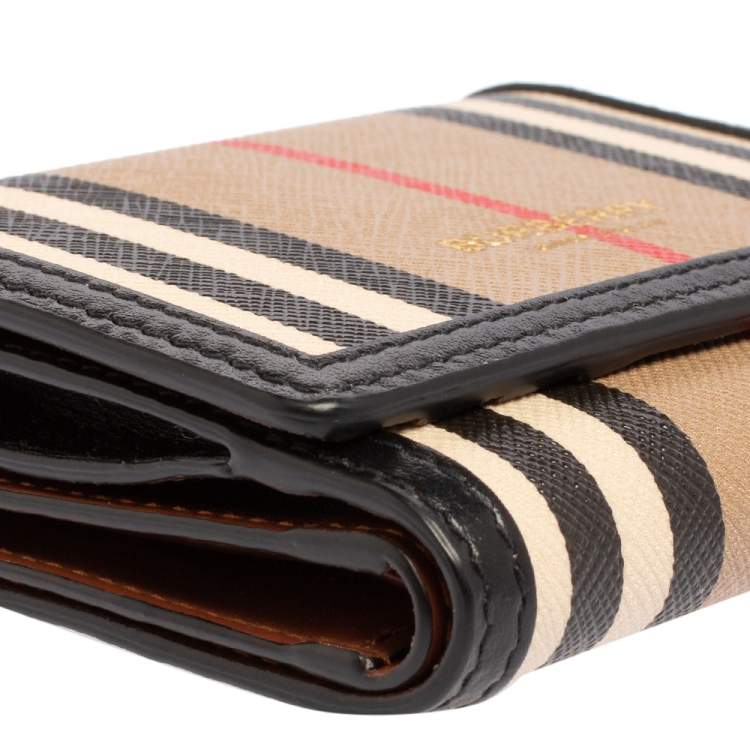 Pre Owned Burberry Beige/Black Icon Stripe Coated Canvas and Leather Small Trifold Wallet