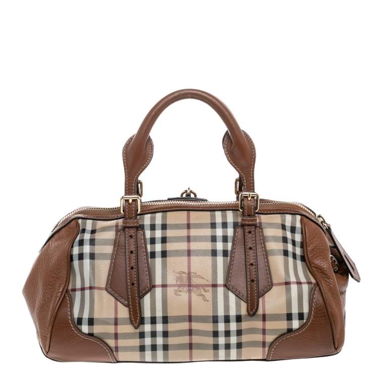 Pre Owned Burberry Beige/Brown Haymarket Check Coated Canvas and Leather Boston Bag