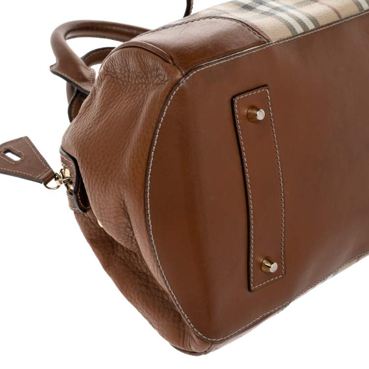 Pre Owned Burberry Beige/Brown Haymarket Check Coated Canvas and Leather Boston Bag