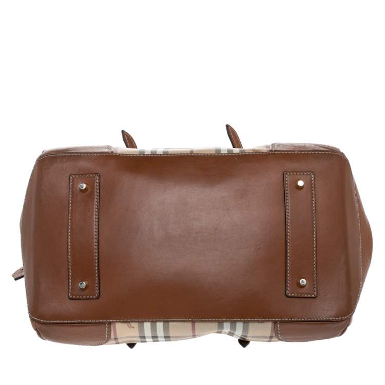 Pre Owned Burberry Beige/Brown Haymarket Check Coated Canvas and Leather Boston Bag