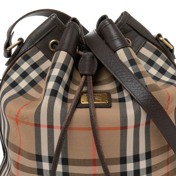 Pre Owned Burberry Brown/Beige Haymarket Canvas and Leather Vintage Drawstring Bucket Bag