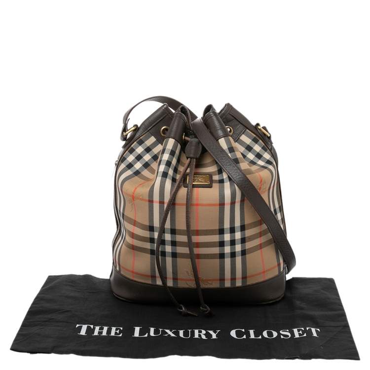 Pre Owned Burberry Brown/Beige Haymarket Canvas and Leather Vintage Drawstring Bucket Bag